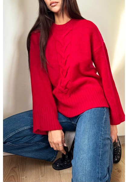 Kadın Yün Karışımlı Örgü Detaylı Yumuşak Oversize Kazak- Kırmızı modelleri