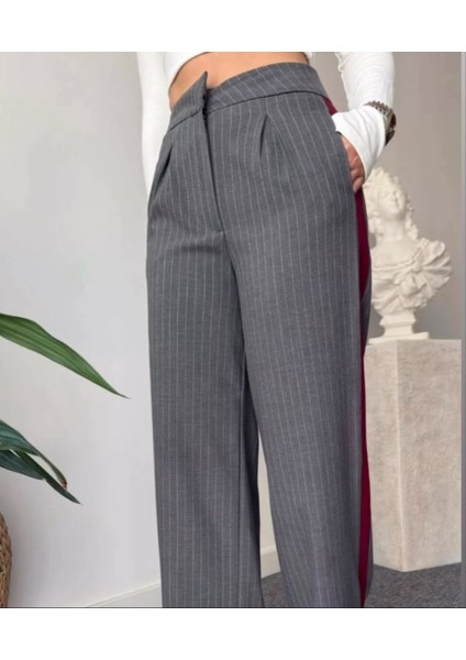 Renk Bloklu Çizgili Palazzo Gri Pantolon