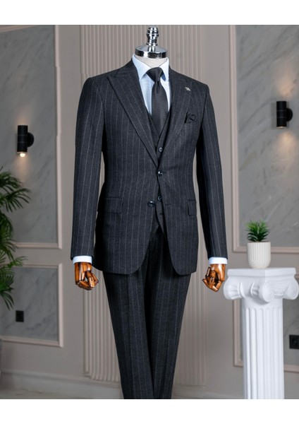 Italyan Stil Sivri Yaka Erkek Ceket Yelek Pantolon Takım Elbise Antrasit T14651