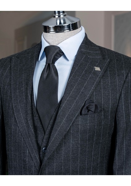 Italyan Stil Sivri Yaka Erkek Ceket Yelek Pantolon Takım Elbise Antrasit T14651 modelleri