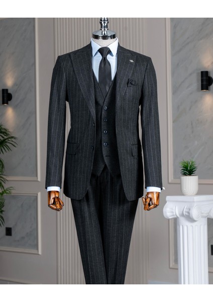 Italyan Stil Sivri Yaka Erkek Ceket Yelek Pantolon Takım Elbise Antrasit T14651 fırsatları