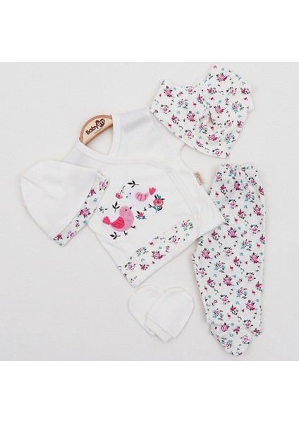 Kuş Işlemeli Çiçek Desenli 5’li Kız Bebek Hastane Çıkışı Seti – 3-3 Ay