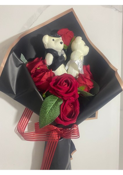 Sevgililer Gününe Özel Ayıcıklı Gül Buketi ve Ledli Çiftler Için Hediye