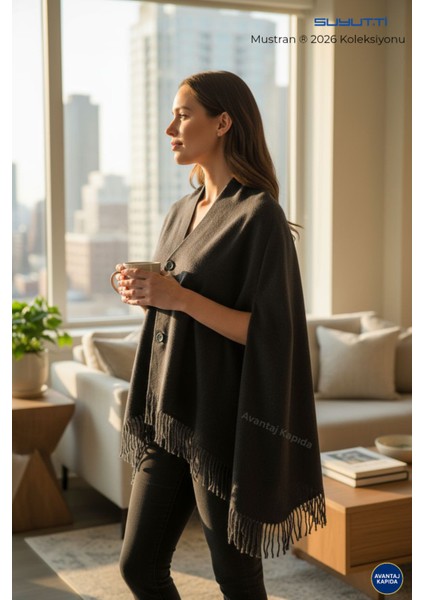 Suyutti Kadın Düğmeli Panço Şal – Sıcak Tutan Yumuşak Dokuma Etol Kışlık Kadın Şal | 2026