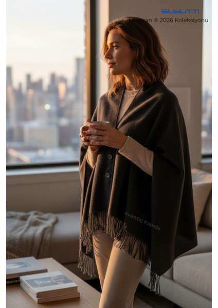Suyutti Kadın Düğmeli Panço Şal – Sıcak Tutan Yumuşak Dokuma Etol Kışlık Kadın Şal | 2026