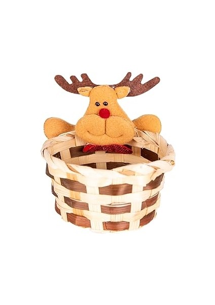 Herdekora Yılbaşı Süsü Sepet Geyik Figürlü Kahverengi-Kırmızı 10X11 Cm.