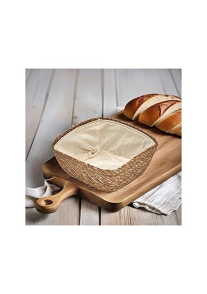 Deconox El Yapımı Hasır Içi Bezli Kare Ekmeklik ve Dekoratif Kare Hasır Sepet, Hasır Içi Bezli Ekme