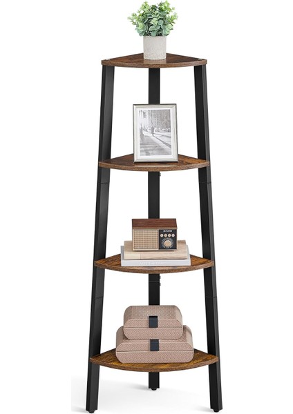 Köşe Rafı, Ayaklı Raf, Kitaplık, 4 Raflı Merdiven Rafı, Kolay Montaj, Sağlam Çelik Çerçeve, Oturma Odası, Yatak Odası, Balkon, Endüstriyel Tasarım, Eski Kahverengi-Siyah LLS34X