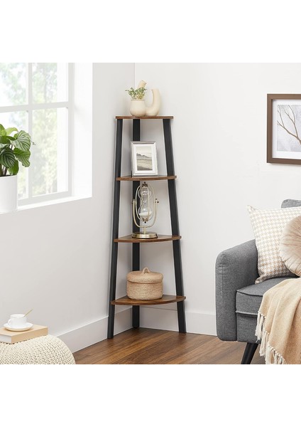 Köşe Rafı, Ayaklı Raf, Kitaplık, 4 Raflı Merdiven Rafı, Kolay Montaj, Sağlam Çelik Çerçeve, Oturma Odası, Yatak Odası, Balkon, Endüstriyel Tasarım, Eski Kahverengi-Siyah LLS34X