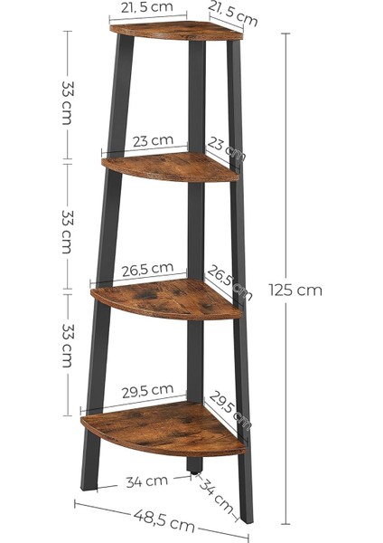 Köşe Rafı, Ayaklı Raf, Kitaplık, 4 Raflı Merdiven Rafı, Kolay Montaj, Sağlam Çelik Çerçeve, Oturma Odası, Yatak Odası, Balkon, Endüstriyel Tasarım, Eski Kahverengi-Siyah LLS34X