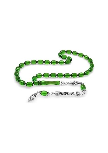 Tesbihane Kararmaz Metal Halat Püsküllü Arpa Kesim Yeşil Ateş Kehribar Tesbih