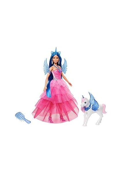 Barbie, 65. Yıla Özel, Saçlı, Pembe Elbiseli Bebek ile Safir Kanatlar Gibi Aksesuarlar, HRR16