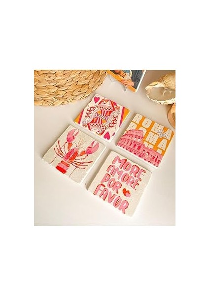 Arslart Tasarımlı Bardak Altlığı Roma, Pembe ve Turuncu Kolezyum, Iskambil ve Motto Tema