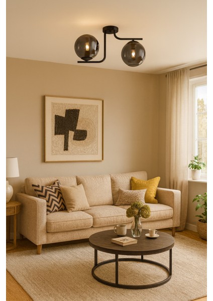 Lora Modern Tasarım Minimal Yatak Odası Salon Mutfak Siyah Renk Füme Camlı 2 Li Avize