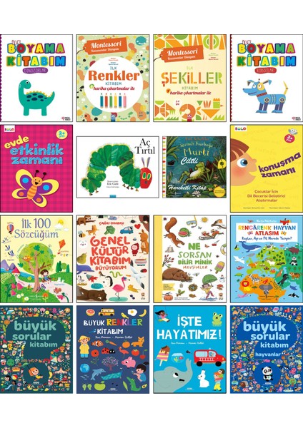 / Ilk Boyama Dinozorlar + Ilk Renkler Kitabım + Şekiller + Etkinlik Zamanı + Aç Tırtıl + Sevimli Kurbağa Murti + Büyük Sorular Kitabım + Hayvanlar + Renkler + Işte Hayatımız / 16’lı