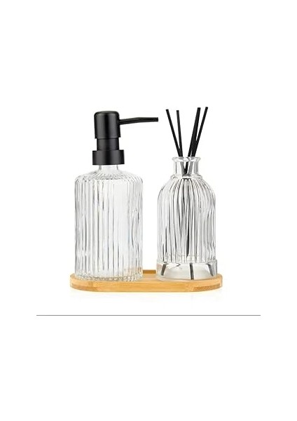 Cam Sabunluk & Difüzör Seti – 2’li Zarif Cam Şişe, Bambu Taban, Banyo & Ev Dekorasyonu