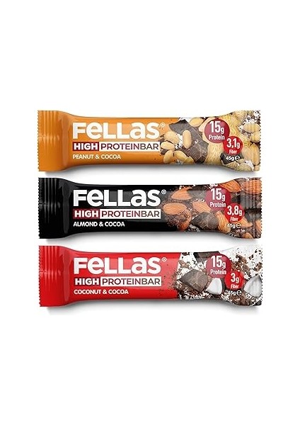 Fellas Yüksek Protein Bar, Karma Kutu (3 Çeşit), 45GR x 12 Adet