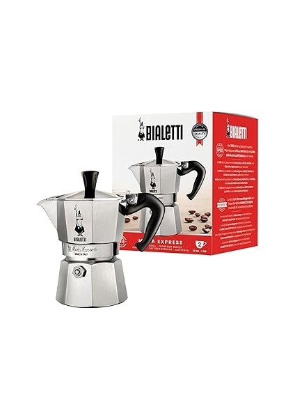 - Moka Express: 2 Cups Ocak Üstü Espresso Pişirici - 90ML - Gümüş Renk - Alüminyum Gövde -