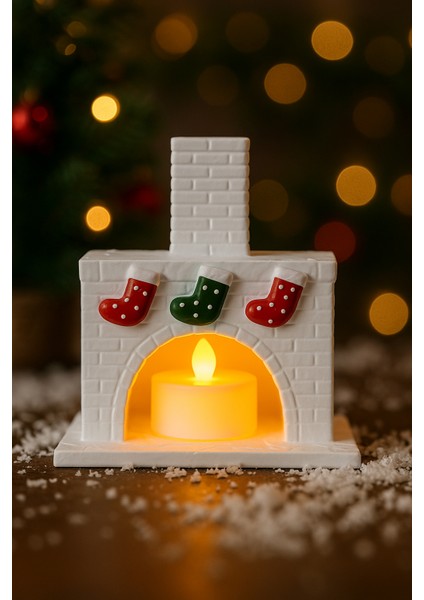 Mini Şömine Tealight Mumluk Dekoratif Obje Kış Dekoru Konsol Ünite Süsü Yeni Yıl Hediyesi -Mum Dahil