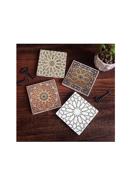 Pinecone Stone Etnik Desen Taş Bardak Altlığı Seti - 4 Parça - Dekoratif, Rustik Mutfak Aksesuarı,