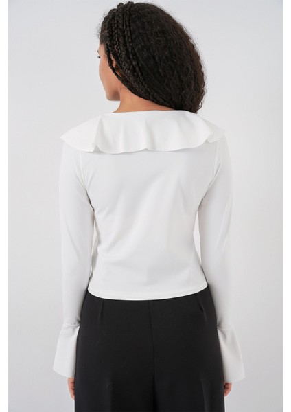 Kadın Bdart Fırfırlı V Yaka Kısa Bluz Beyaz