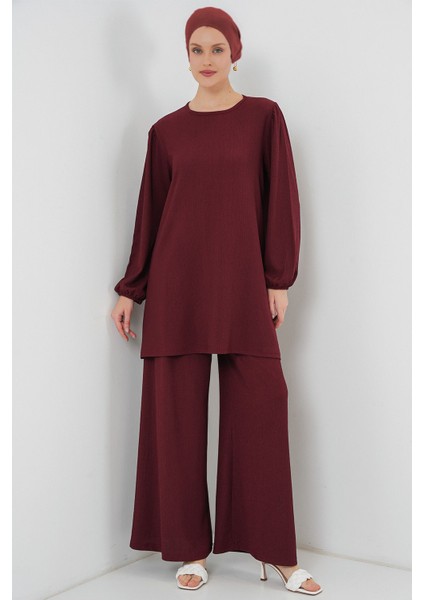 Kadın Bdart Dokulu Uzun Kollu Tunik ve Geniş Paça Pantolon Seti Bordo Kırmızı
