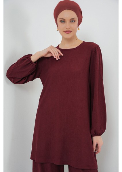 Kadın Bdart Dokulu Uzun Kollu Tunik ve Geniş Paça Pantolon Seti Bordo Kırmızı modelleri