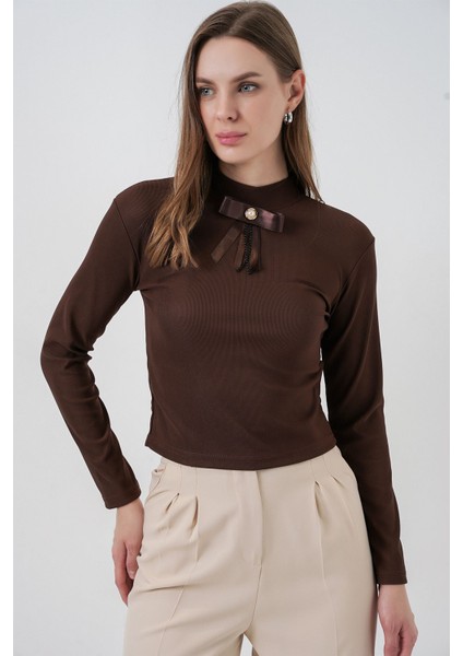 Kadın Bdart Kurdele Detaylı Uzun Kollu Dik Yaka Bluz Mocha Kahvesi