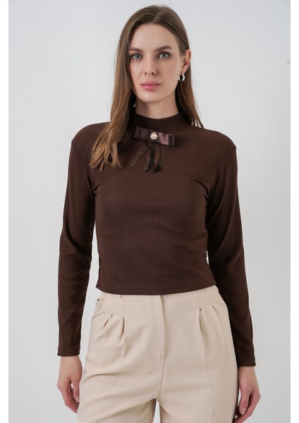 Kadın Bdart Kurdele Detaylı Uzun Kollu Dik Yaka Bluz Mocha Kahvesi fiyatları