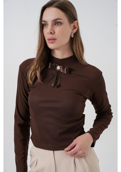 Kadın Bdart Kurdele Detaylı Uzun Kollu Dik Yaka Bluz Mocha Kahvesi modelleri