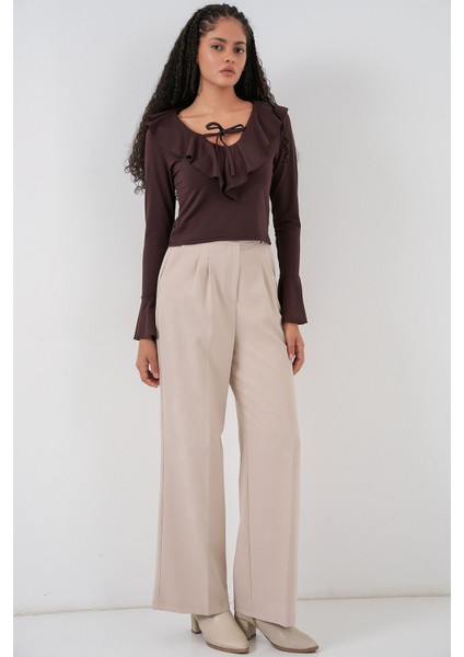 Kadın Bdart Fırfırlı V Yaka Kısa Bluz Mocha Kahvesi fiyatları