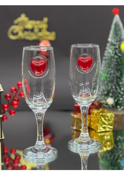 Kırmızı Kalp Detaylı Kokteyl Kadehi 2 Li - (Kahve Yanı Su/kokteyl Bardak) 190 ml