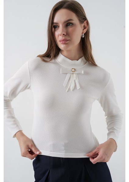 Kadın Bdart Kurdele Detaylı Uzun Kollu Dik Yaka Bluz Beyaz