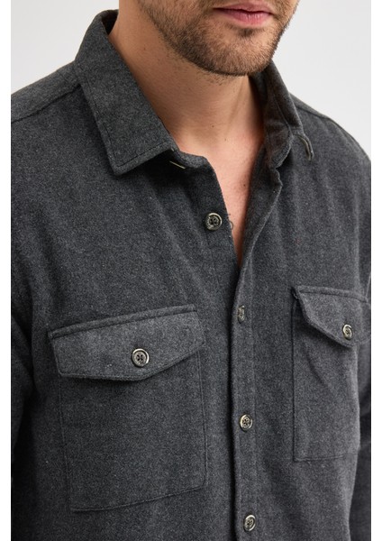 Düz Flanel Oduncu Gömlek - Regular Fit Kalın %100 Pamuklu Çift Cepli Ceket Gömlek