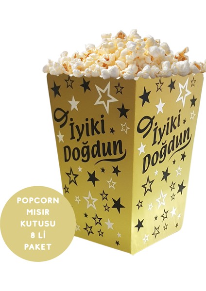 Iyiki Doğdun Temalı Altın Siyah Yıldızlı Popcorn Mısır Kutusu 8 Li Paket