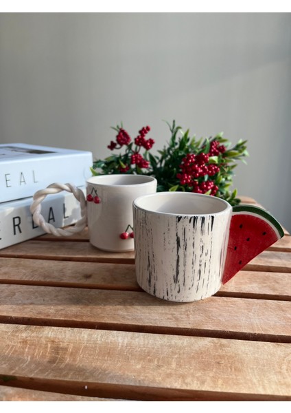 Seramik Kupa El Yapımı Karpuzlu Seramik Kupa BARDAK,200ML