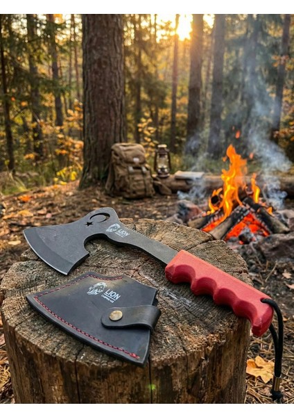 Taktikal Kamp Baltası - Türk Bayrağı Motifli - Özel Deri Kılıflı Bushcraft Outdoor El Baltası