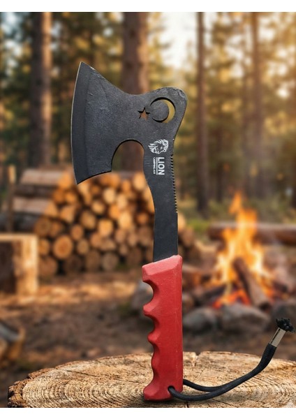 Taktikal Kamp Baltası - Türk Bayrağı Motifli - Özel Deri Kılıflı Bushcraft Outdoor El Baltası modelleri