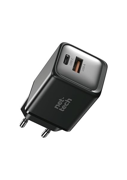 Nettech 45W Gan Teknolojili Hızlı Şarj Adaptörü – Siyah, Çift Giriş (Usb-C & Usb-A), Type-C Uyumlu,