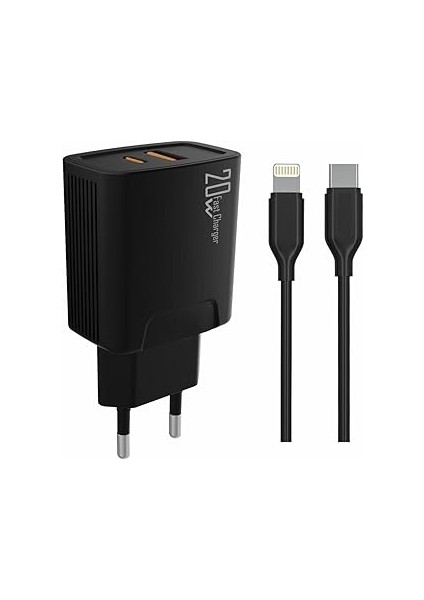 Pdateknoloji 20 Watt USB + Type-C Çıkışlı Hızlı Şarj Başlık Adaptör + 1m 3A Type-C To Kab