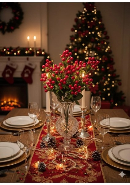 Yapay Çiçek Kırmızı Kokina Demeti Kokina Çiçeği Yılbaşı Süsü Yılbaşı Ağacı Süsü Kırmızı Yeşil