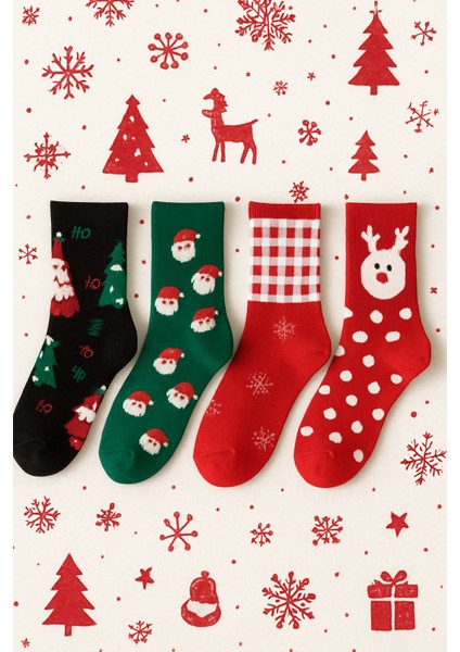 4'lü Yılbaşı Çorapları, Yılbaşı Desenli Renkli Çorap, Yılbaşı Çorabı, Erkek Çorabı, Kadın Çorabı, Yılbaşı Hediyesi, Yılbaşı Süsü (41-44)