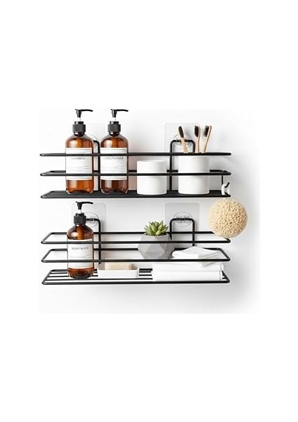 Orret Yapışkanlı Siyah Banyo ve Mutfak Rafı – Tek Katlı Düz Şampuanlık ve Baharatlık, Delmeden
