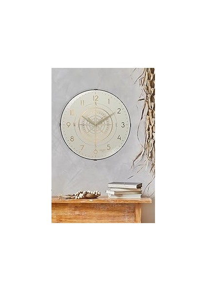 Exclucive Compass Serisi Bombeli Cam Yaldızlı Ev ve Ofis Duvar Saati 35 cm Krem