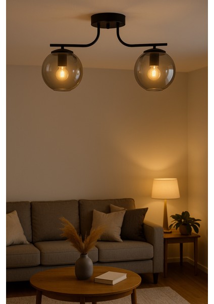 Zaha Modern Tasarım Minimal Yatak Odası Salon Mutfak Siyah Renk Bal Camlı 2 Li Avize