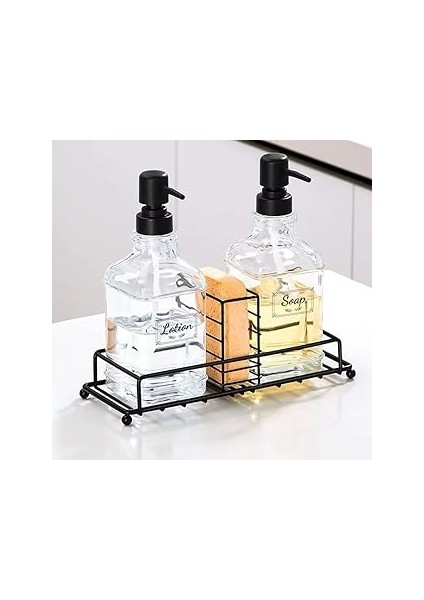 Orret 2’li Metal Standlı Cam Sıvı Sabunluk ve Losyonluk Seti – Süngerlik Hazneli Şeffaf Cam Şi