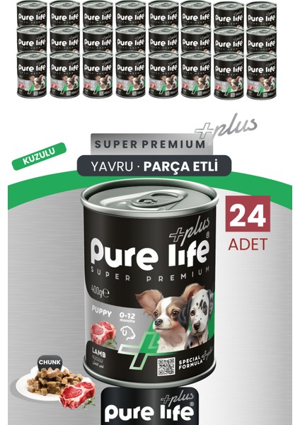 Plus 24'lü Kuzulu Yavru Puppy Köpek Konserve Chunk Parça Etli Yaş Mama 400 gr