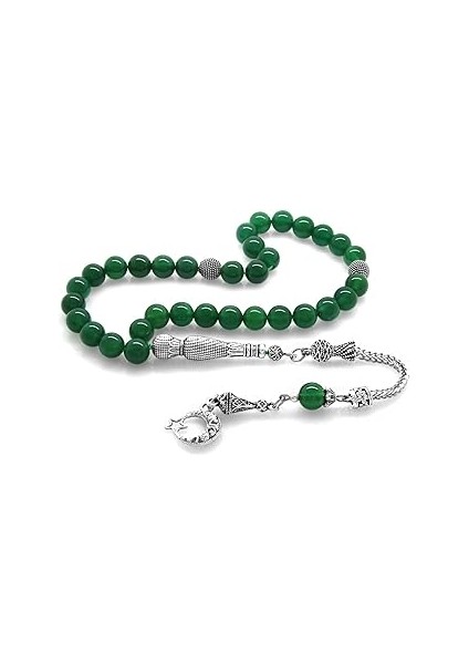 (Tesbihane) Kararmaz Metal Püsküllü Küre Kesim Yeşil Akik Doğaltaş Tesbih