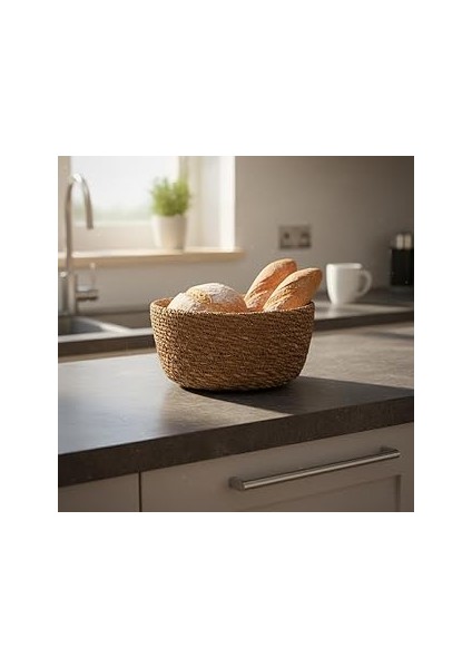 Deconox El Yapımı Hasır Yuvarlak Ekmek Sepeti, Içi Bezli Çok Amaçlı Dekoratif Sepet ve Mutfak Düzen