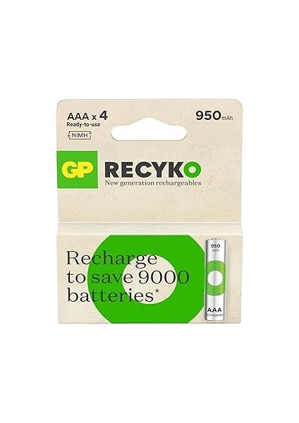 Gp Batteries Recyko 950 Aaa Ince Kalem Ni-Mh Şarjlı Pil, 1.2 Volt, 4'lü Kart